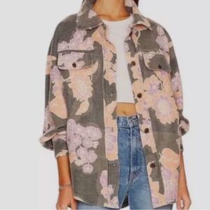 NWT Free People Ruby Jacket Shacket Charcoal Floral Combo Elbow Patch Size L